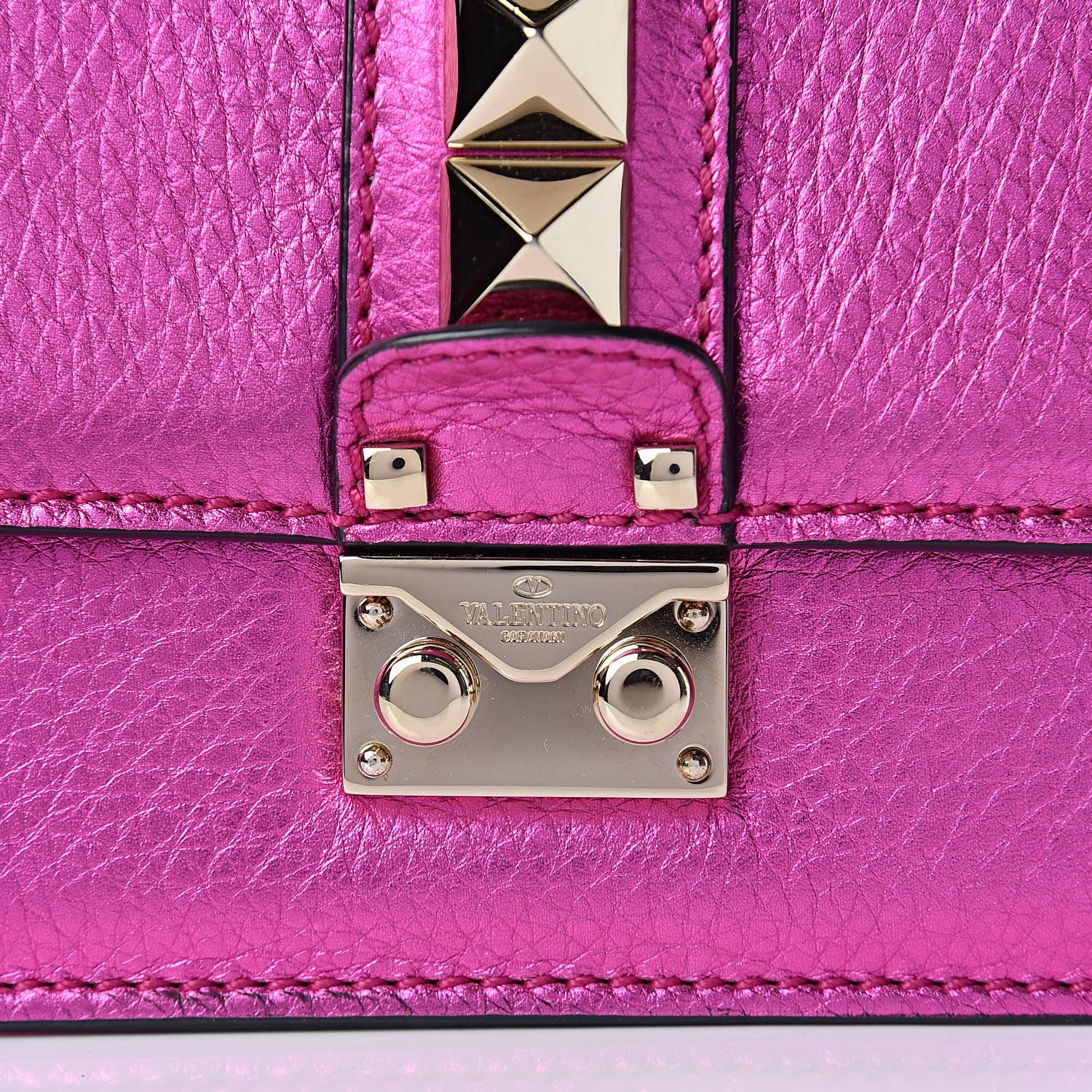 Valentino Garavani Metallic Pebbled Calfskin Mini Glam Lock Rockstud Flap Peony 9 of 9