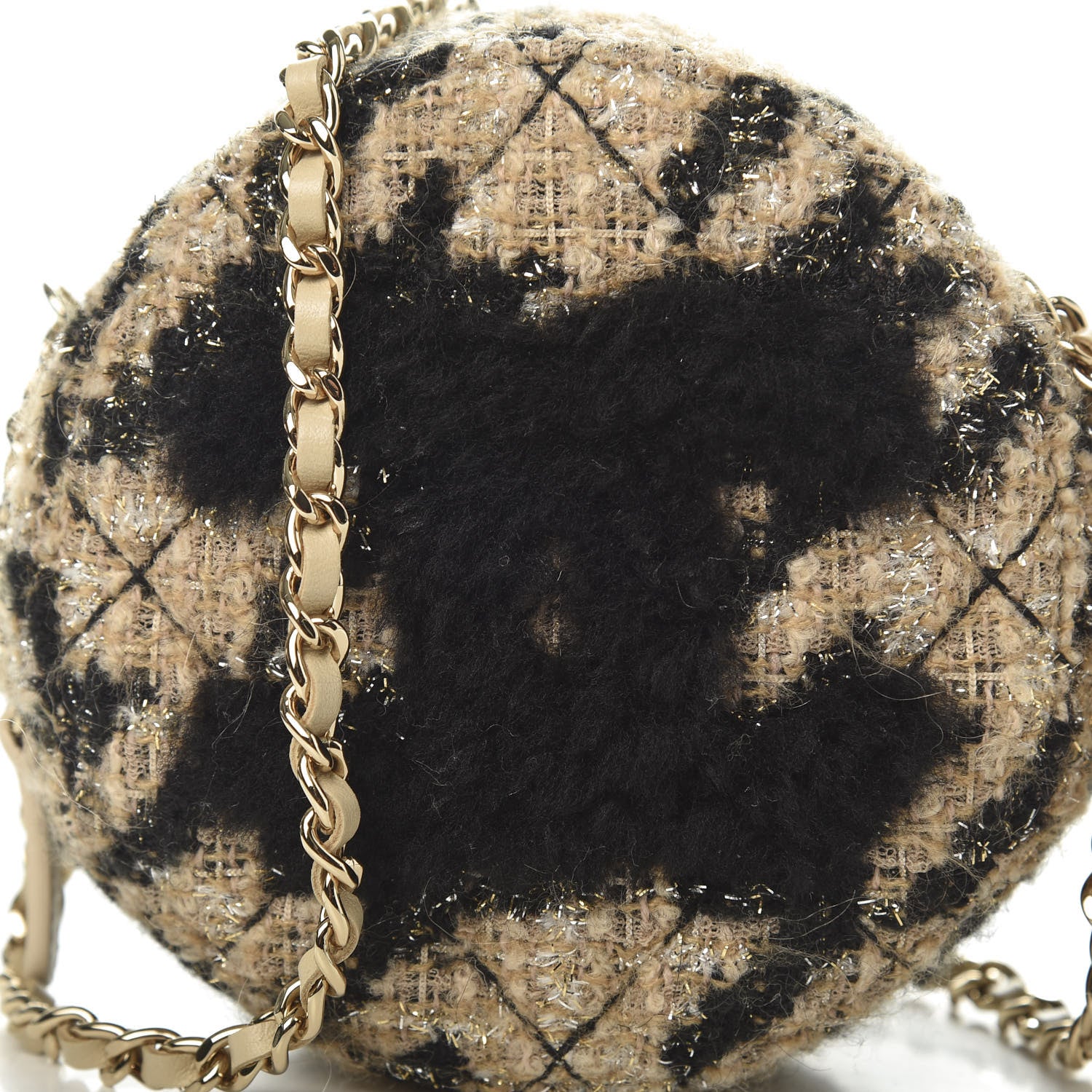 Chanel Tweed Shearling Round Clutch With Chain and Coin Purse Beige Black 11 of 12