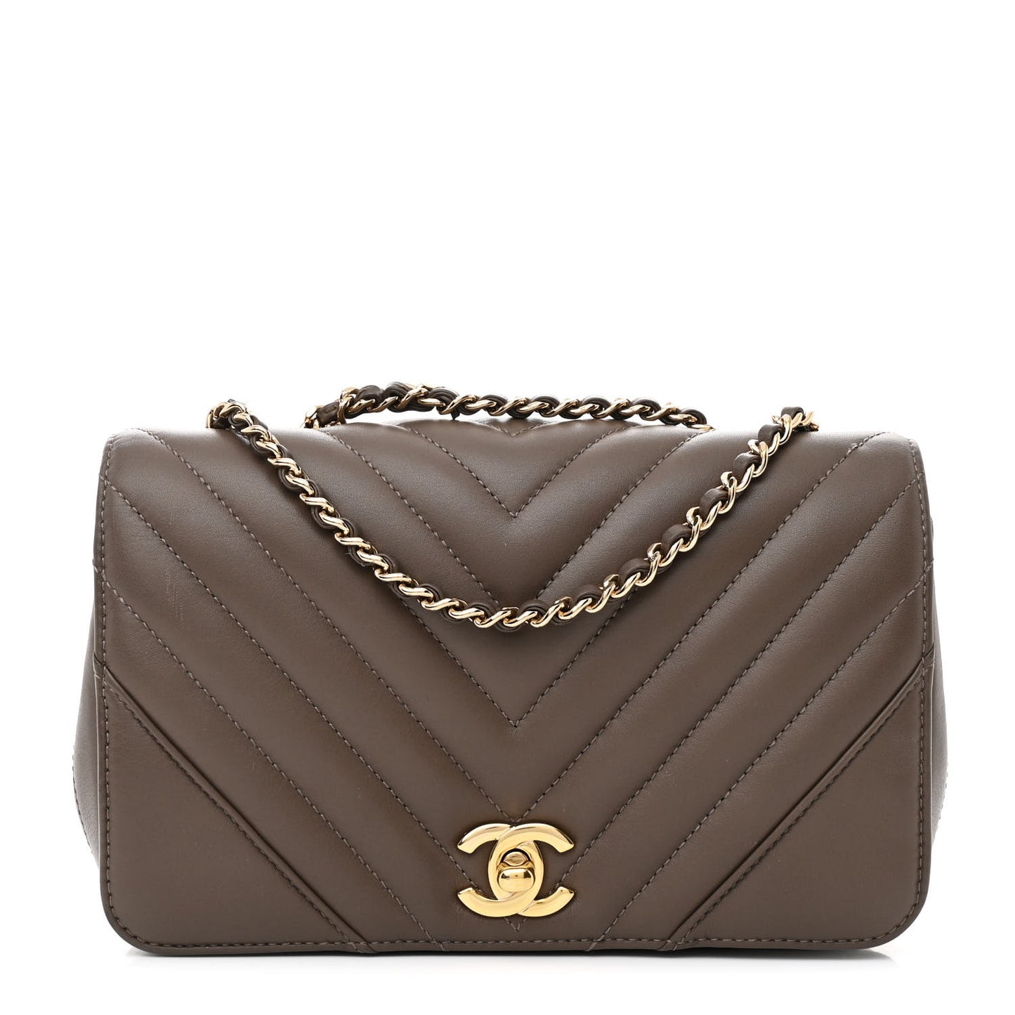 Calfskin Chevron Quilted Mini Statement Flap Khaki