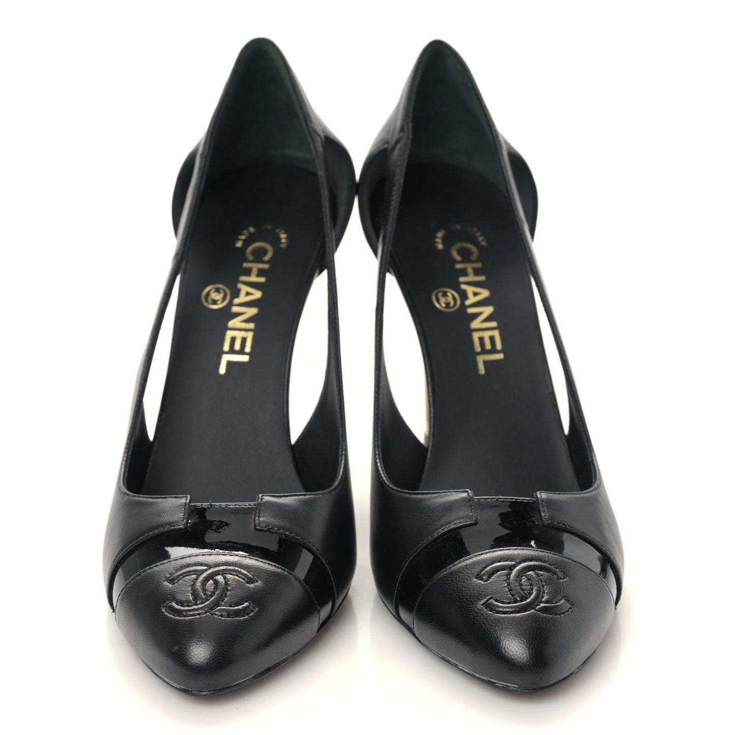Lambskin Patent Calfskin Cap Toe CC Pumps 38.5 Black
