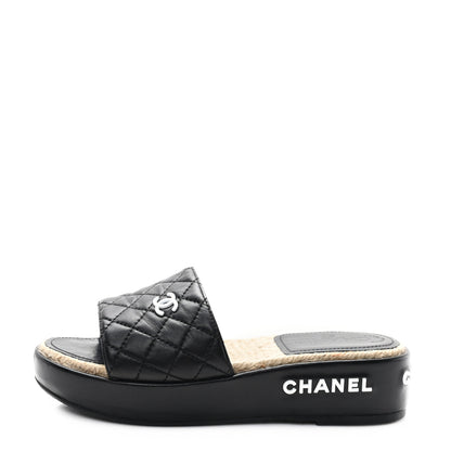 Chanel Lambskin Quilted CC Espadrille Slip On Sandals 36 Black 1 of 10