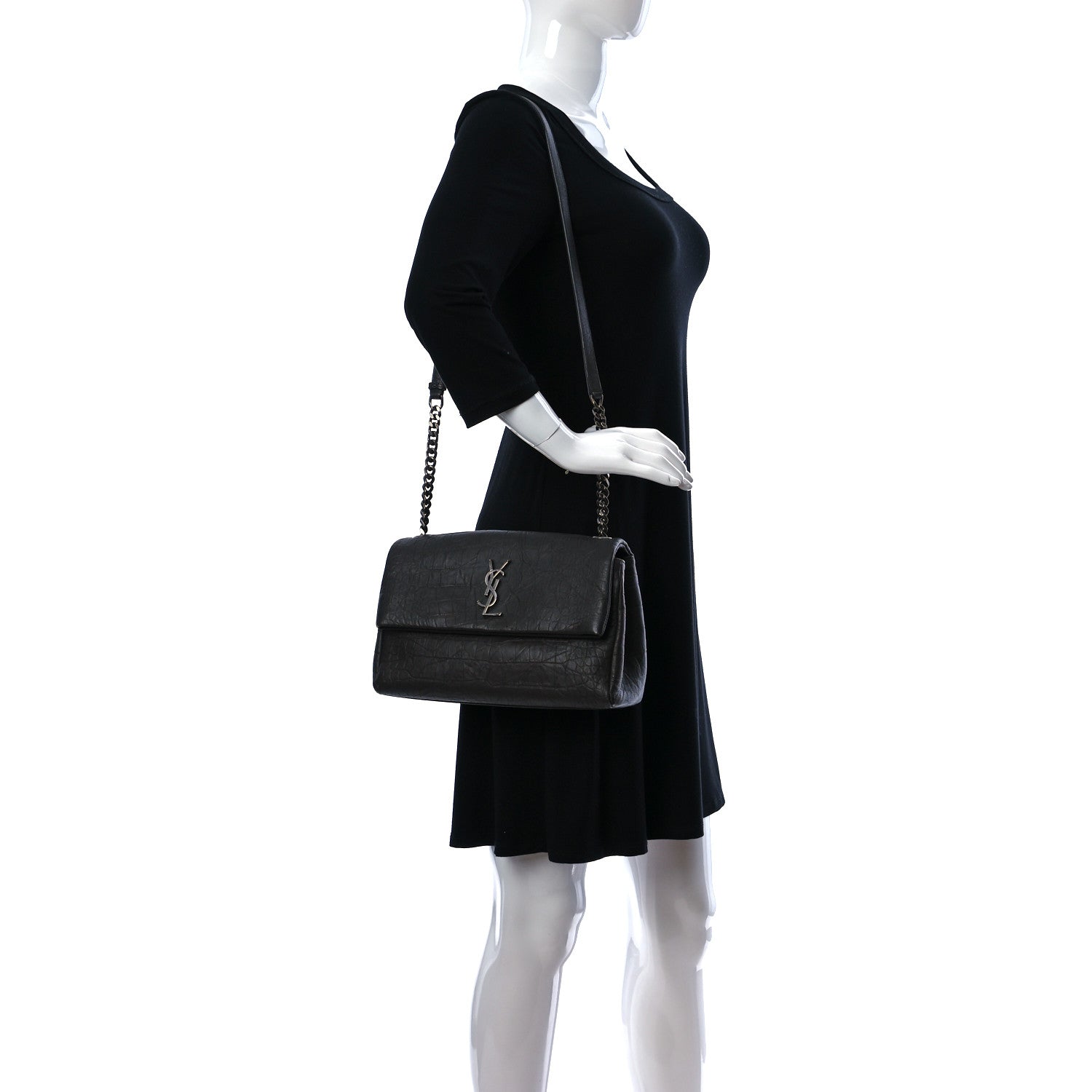 Saint Laurent Calfskin Crocodile Embossed Medium West Hollywood Monogram Fold-Over Grey 2 of 11