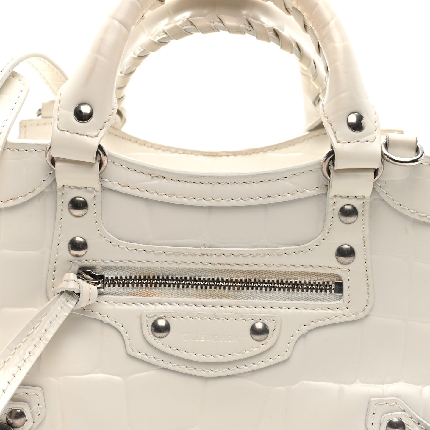 Semi Shiny Calfskin Crocodile Embossed Neo Classic Silver Hardware Mini City White