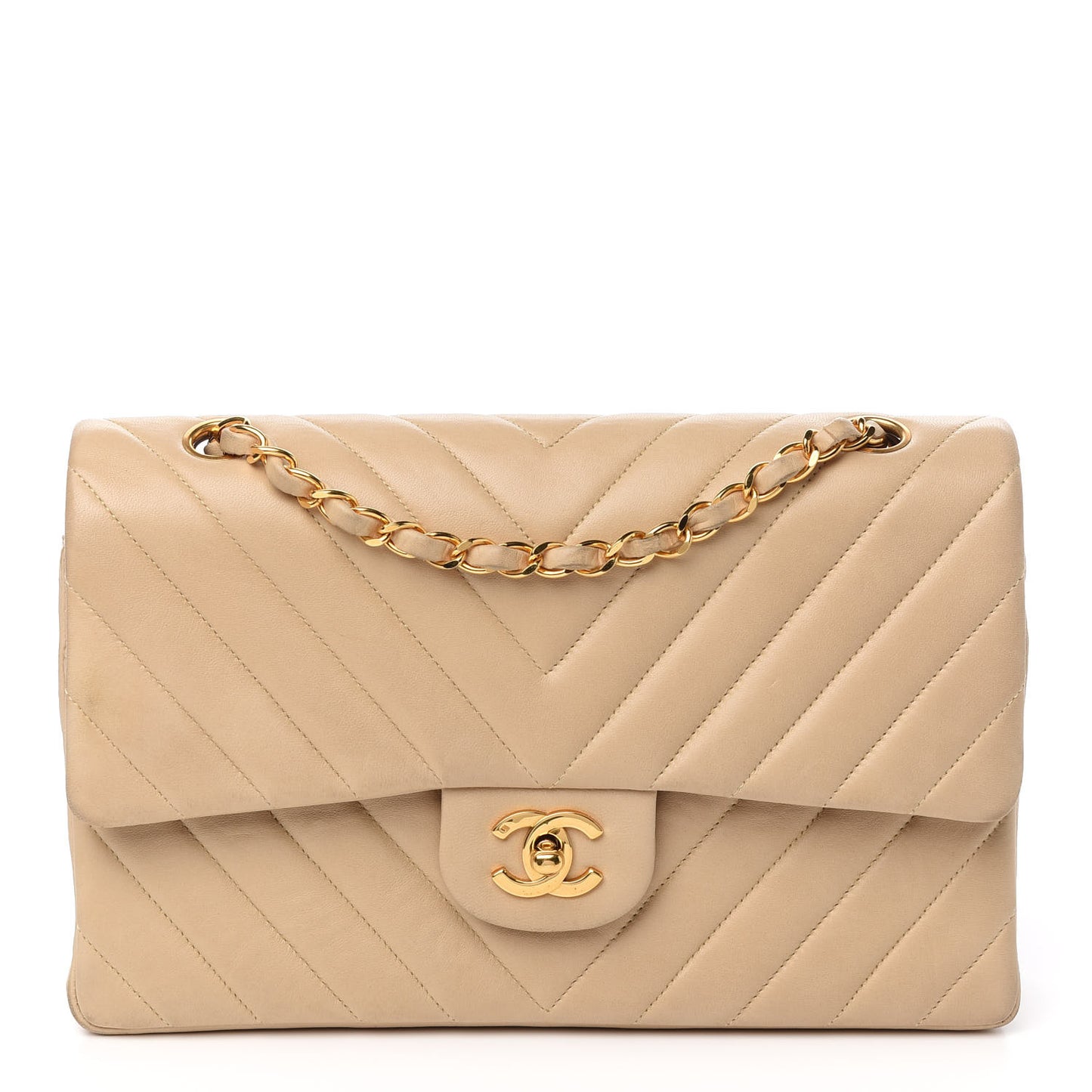 Lambskin Chevron Quilted Medium Double Flap Beige