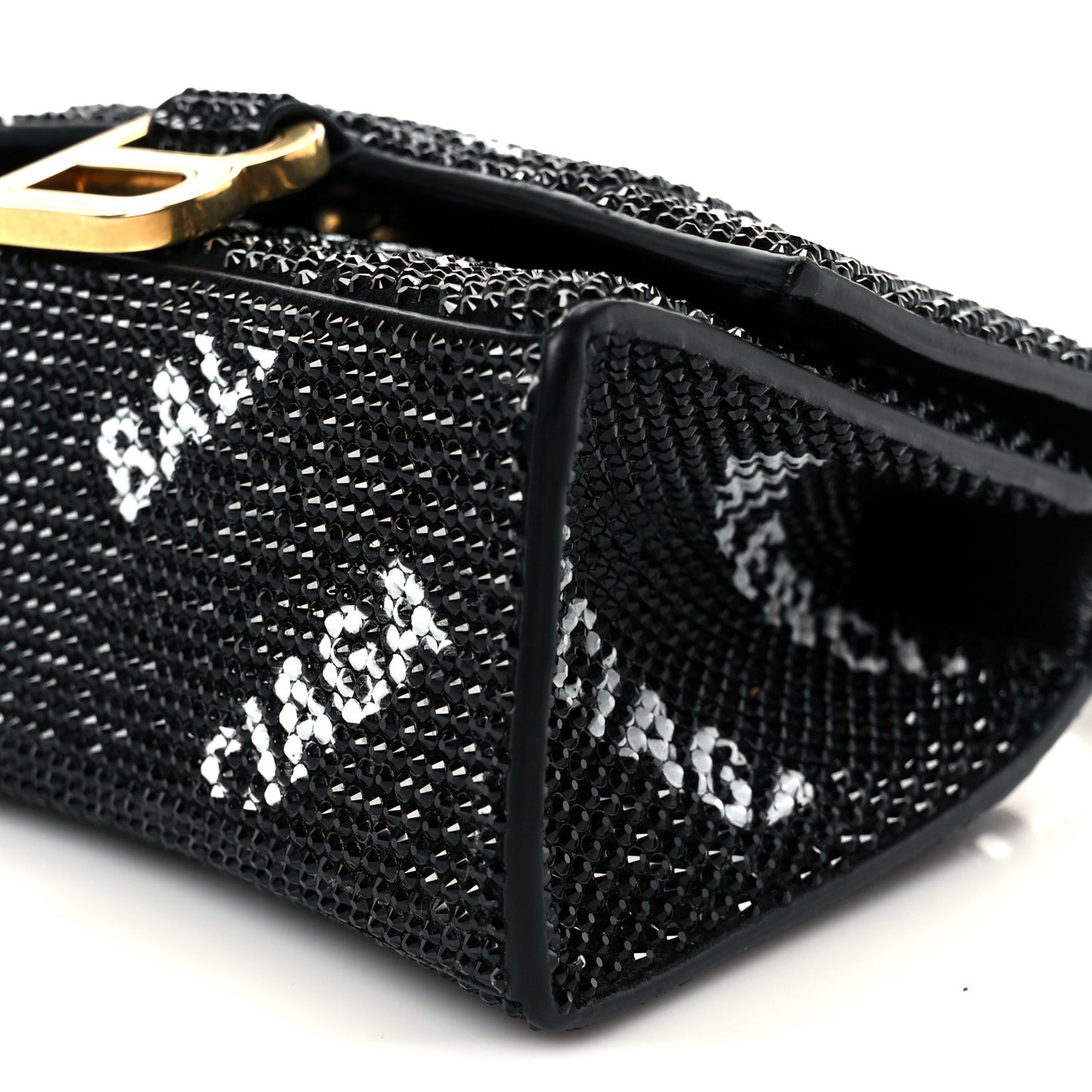 Strass Suede Allover Logo Hourglass Top Handle Bag XS with Chain Black White Black White