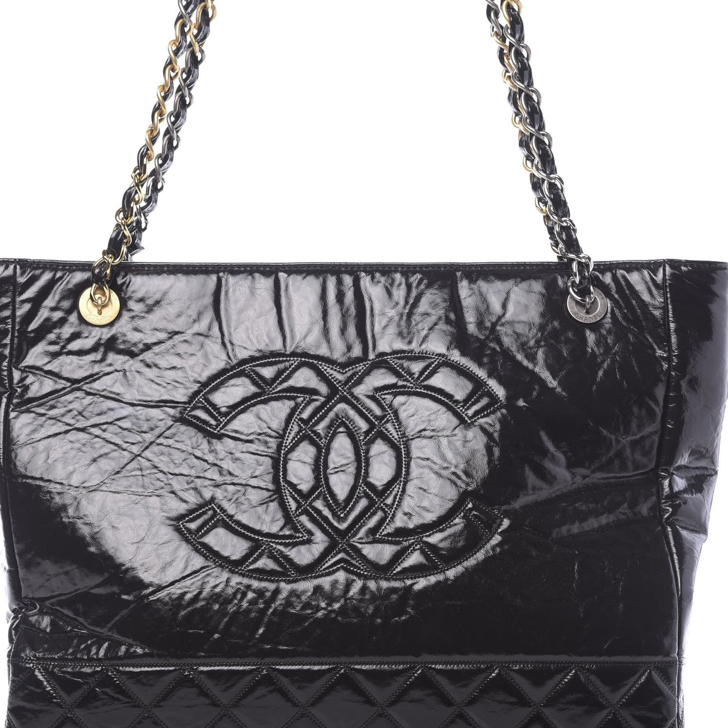 Shiny Aged Calfskin Quilted Large Shopping Bag Black