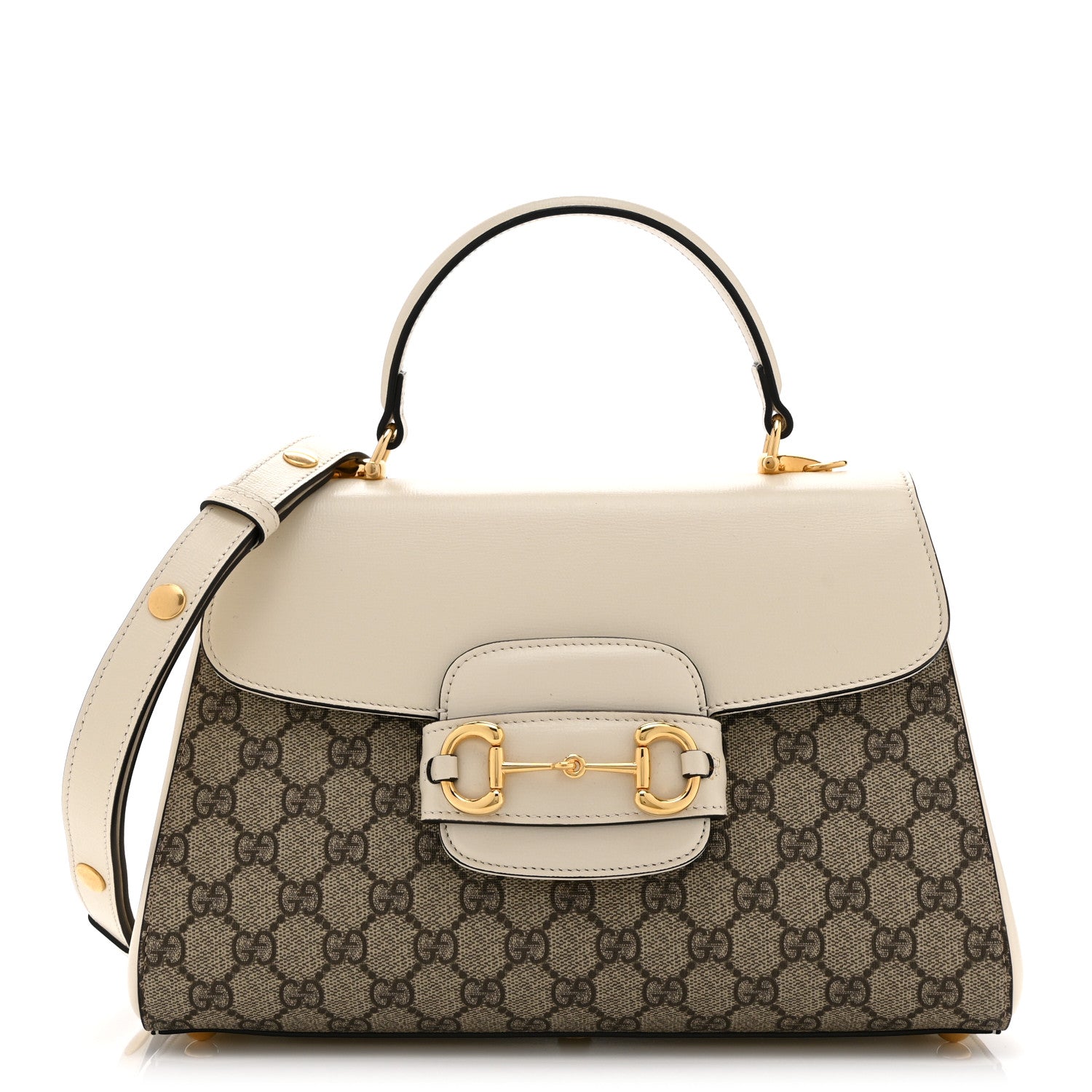 Gucci GG Supreme Monogram Calfskin Medium Horsebit 1955 Top Handle Bag Beige Ebony Mystic White 1 of 11