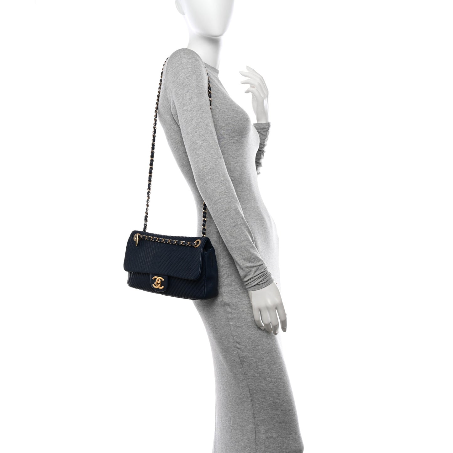 Calfskin Surpique Chevron Medium Flap Navy