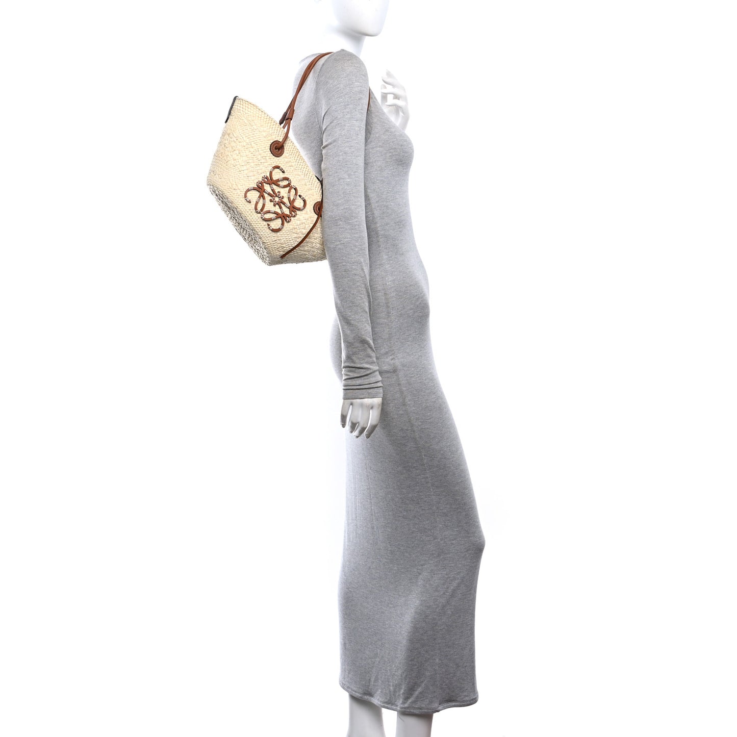 Calfskin Raffia Small Anagram Basket Tote Bag Natural Tan