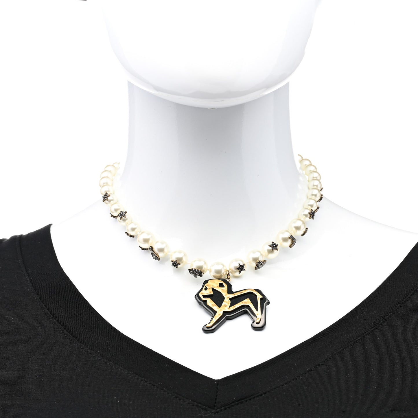 Pearl Resin Crystal Lion Pendant Choker Necklace Gold White Black