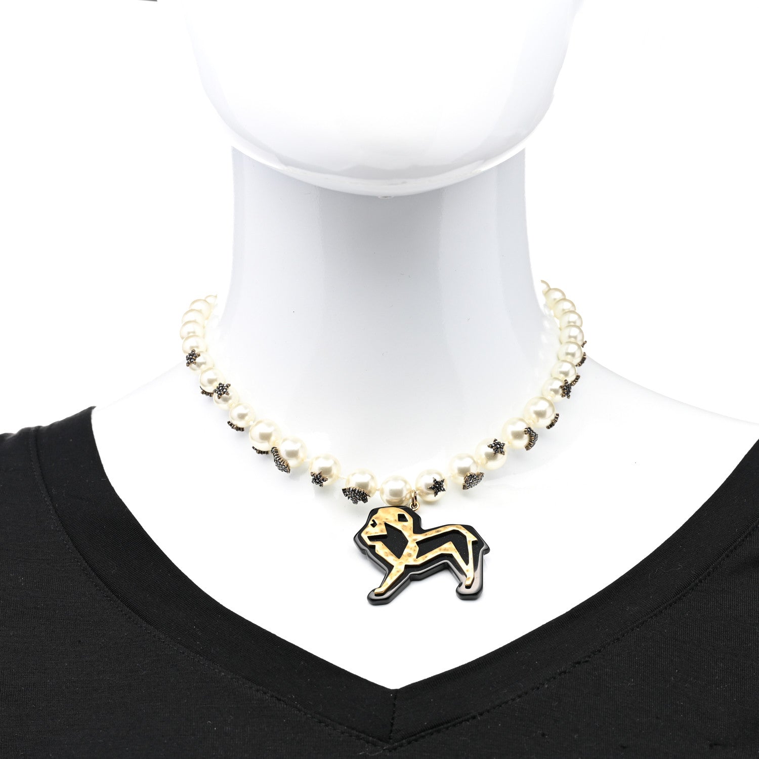 Christian Dior Pearl Resin Crystal Lion Pendant Choker Necklace Gold White Black 2 of 6