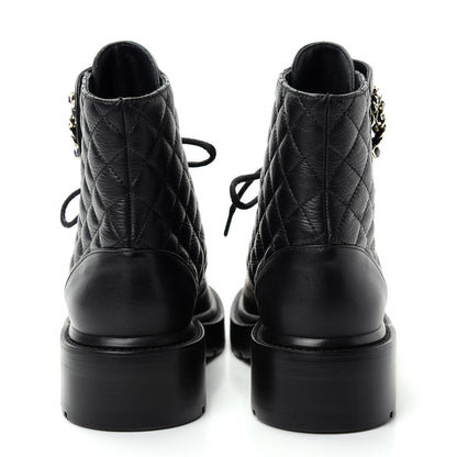 Chanel Shiny Goatskin Calfskin Quilted Lace Up Combat Boots 37 Black 7 of 11