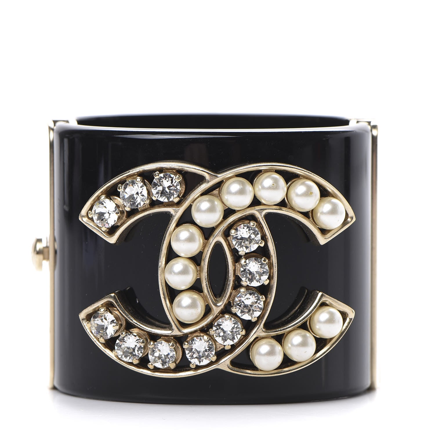 Chanel Resin Crystal Pearl CC Cuff Black 1 of 4