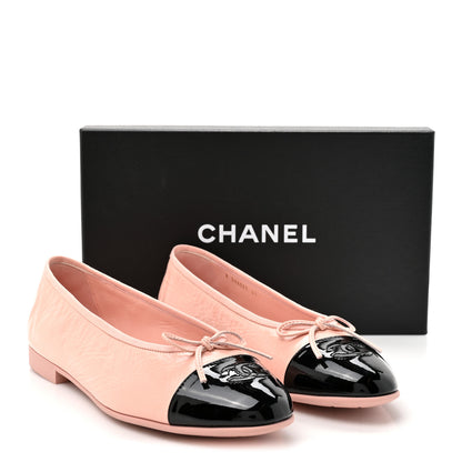 Chanel Shiny Crumpled Calfskin Patent CC Cap Toe Ballerina Flats 41 Light Pink Black 10 of 10