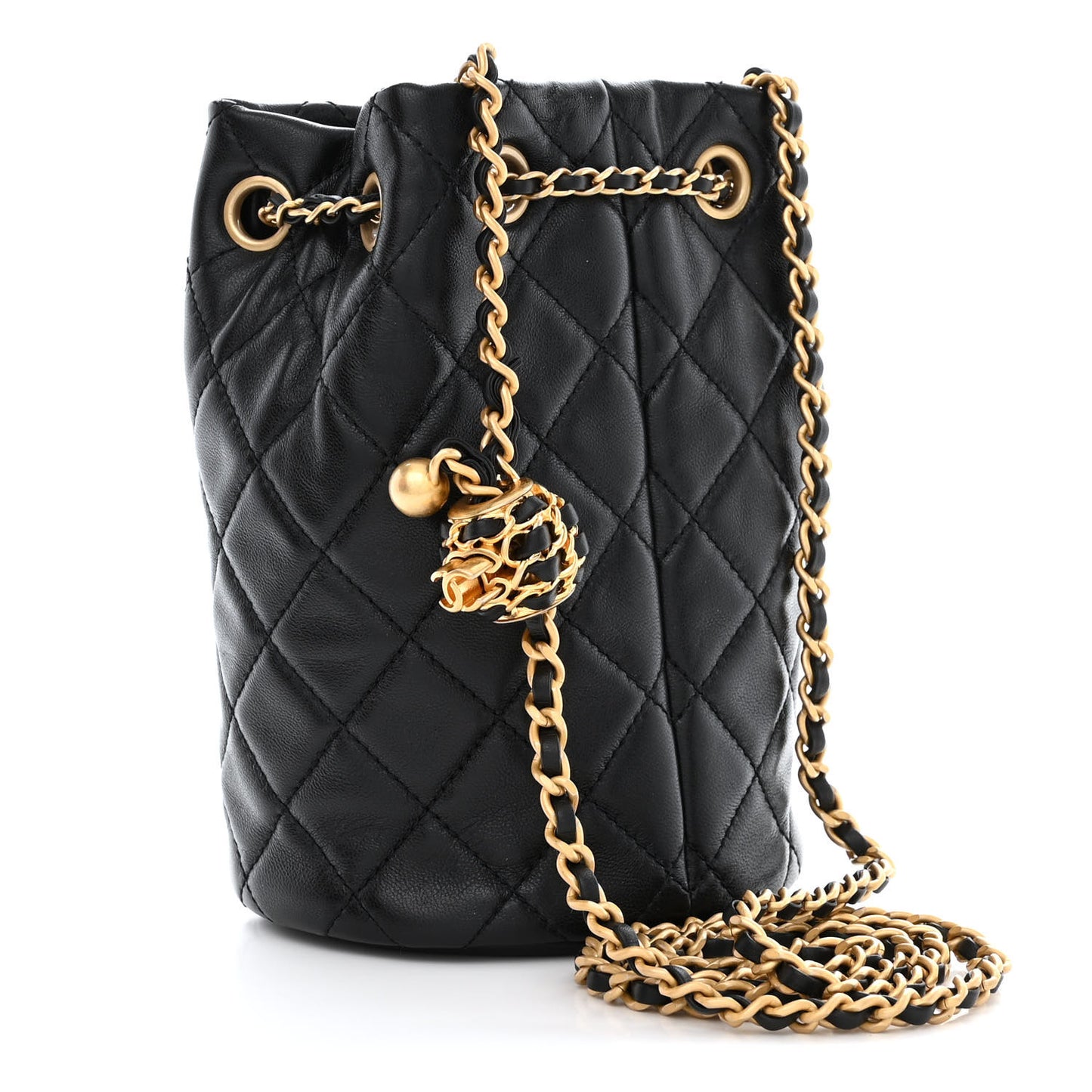 Lambskin Quilted Pearl Crush Drawstring Bag Black