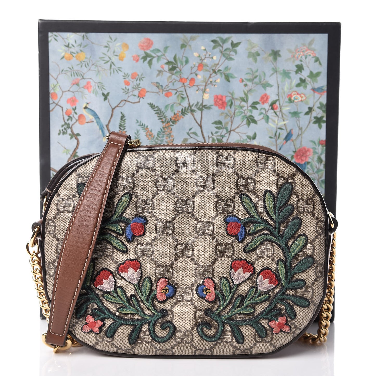 GG Supreme Monogram Floral Embroidered Mini Chain Shoulder Bag Beige Tuscany