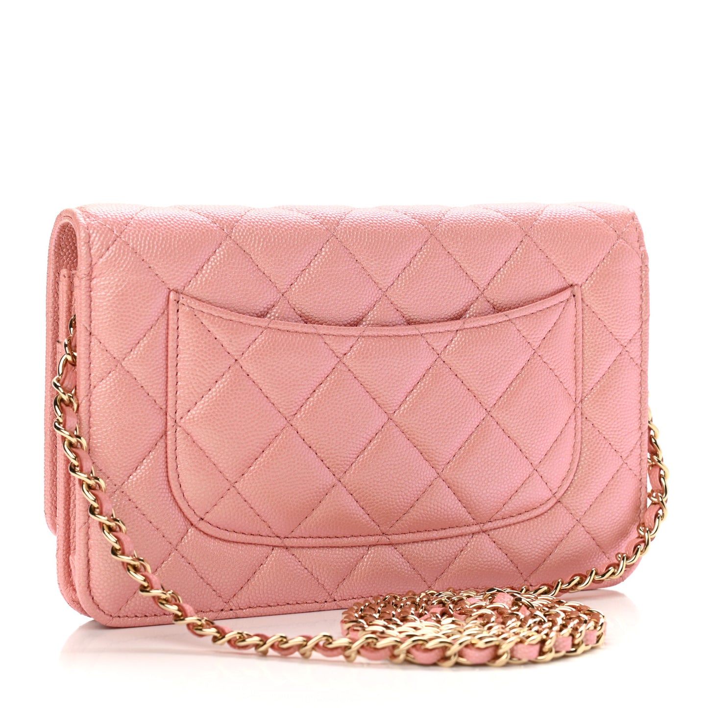 Iridescent Caviar Quilted Wallet on Chain WOC Rose Pink