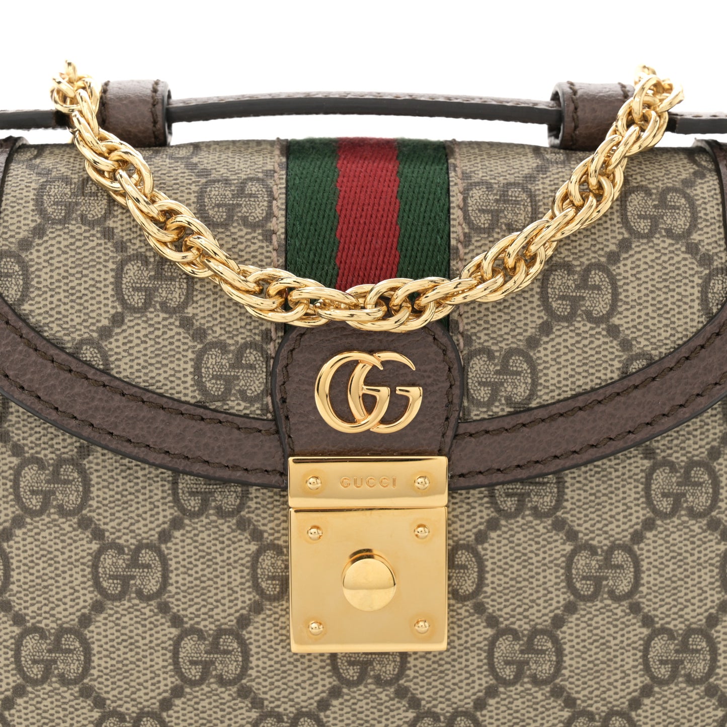 GG Supreme Monogram Textured Dollar Calfskin Web Mini Ophidia Padlock Top Handle Chain Shoulder Bag Beige Ebony New Acero
