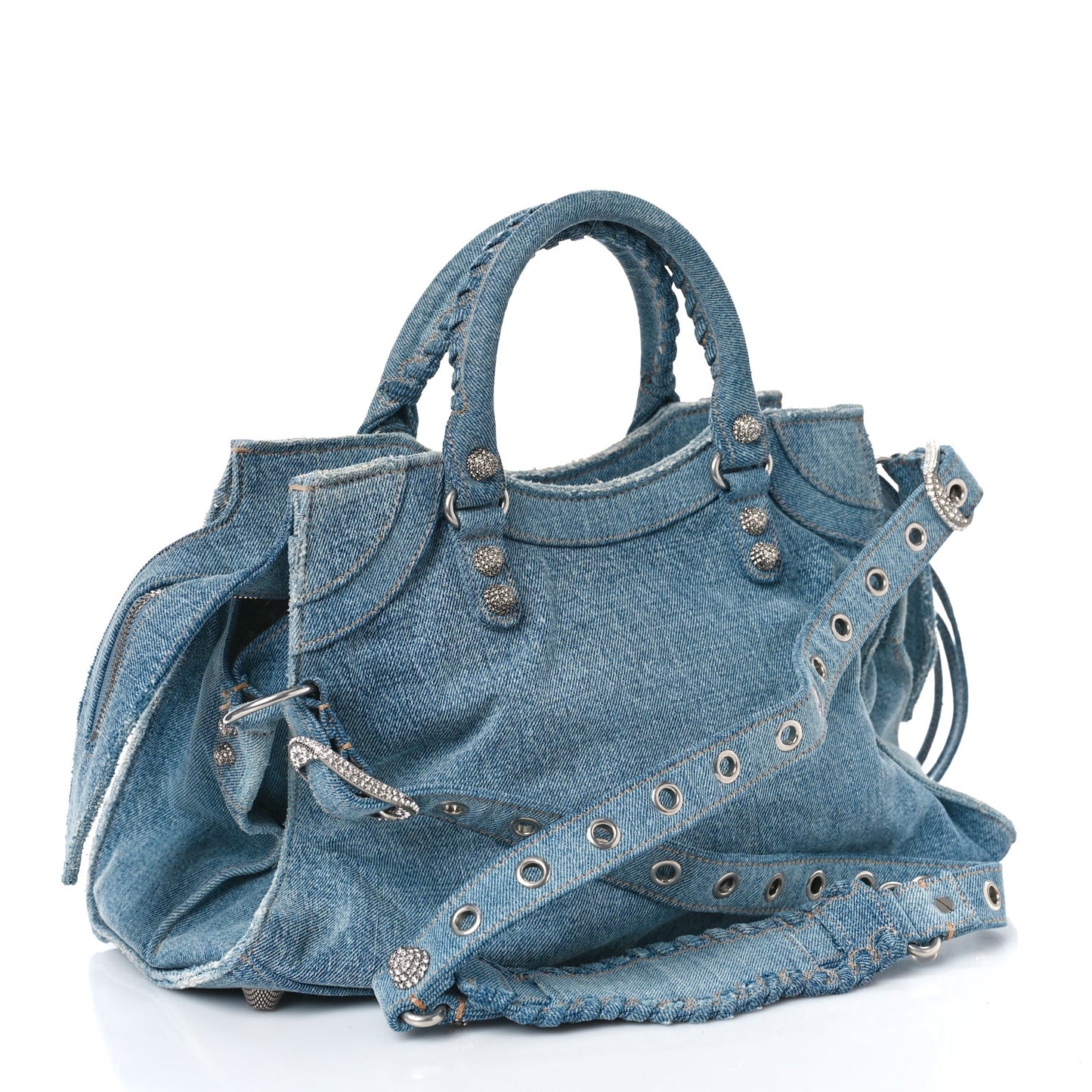 Washed Frayed Denim Crystal Neo Cagole City Handbag Blue