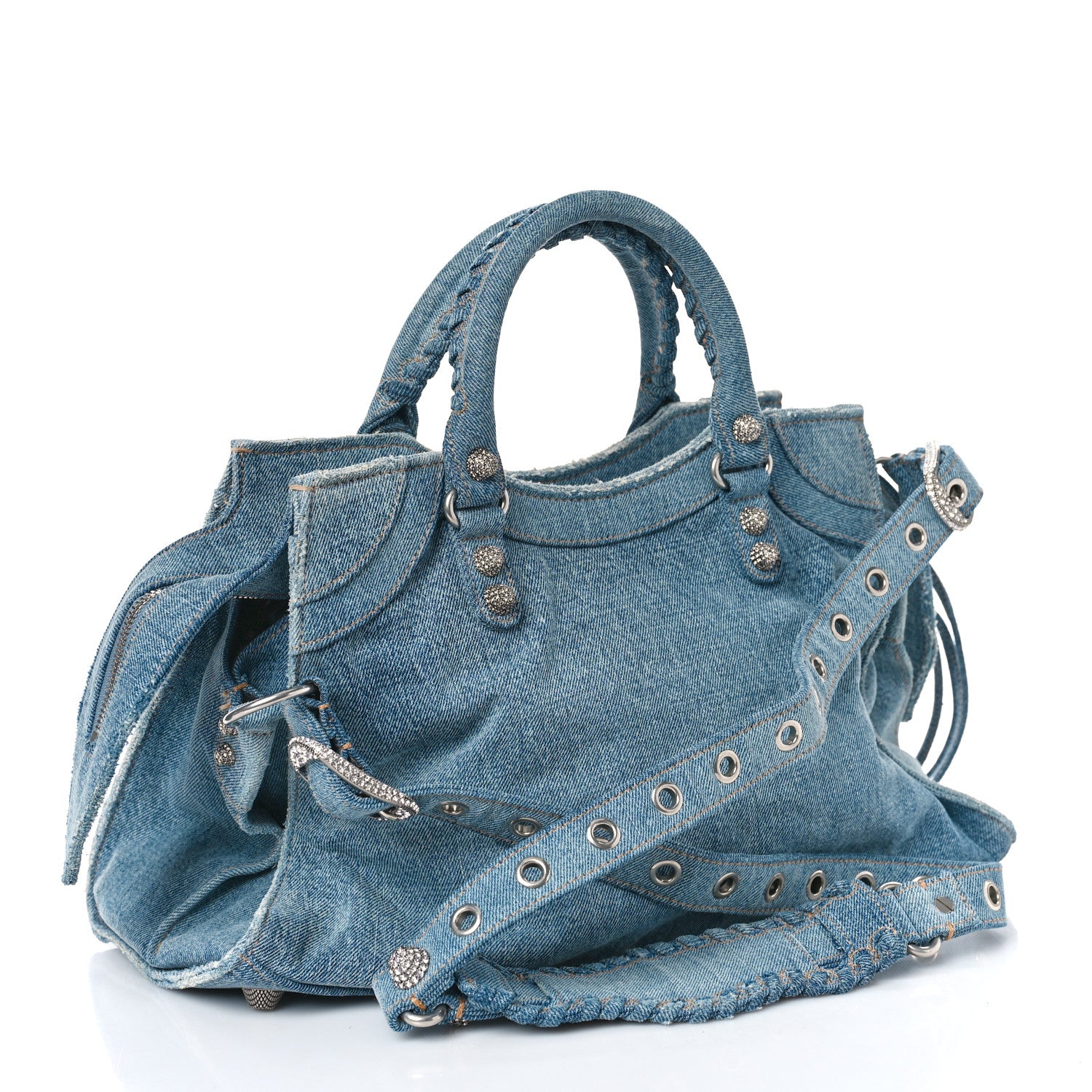 Balenciaga Washed Frayed Denim Crystal Neo Cagole City Handbag Blue 4 of 11