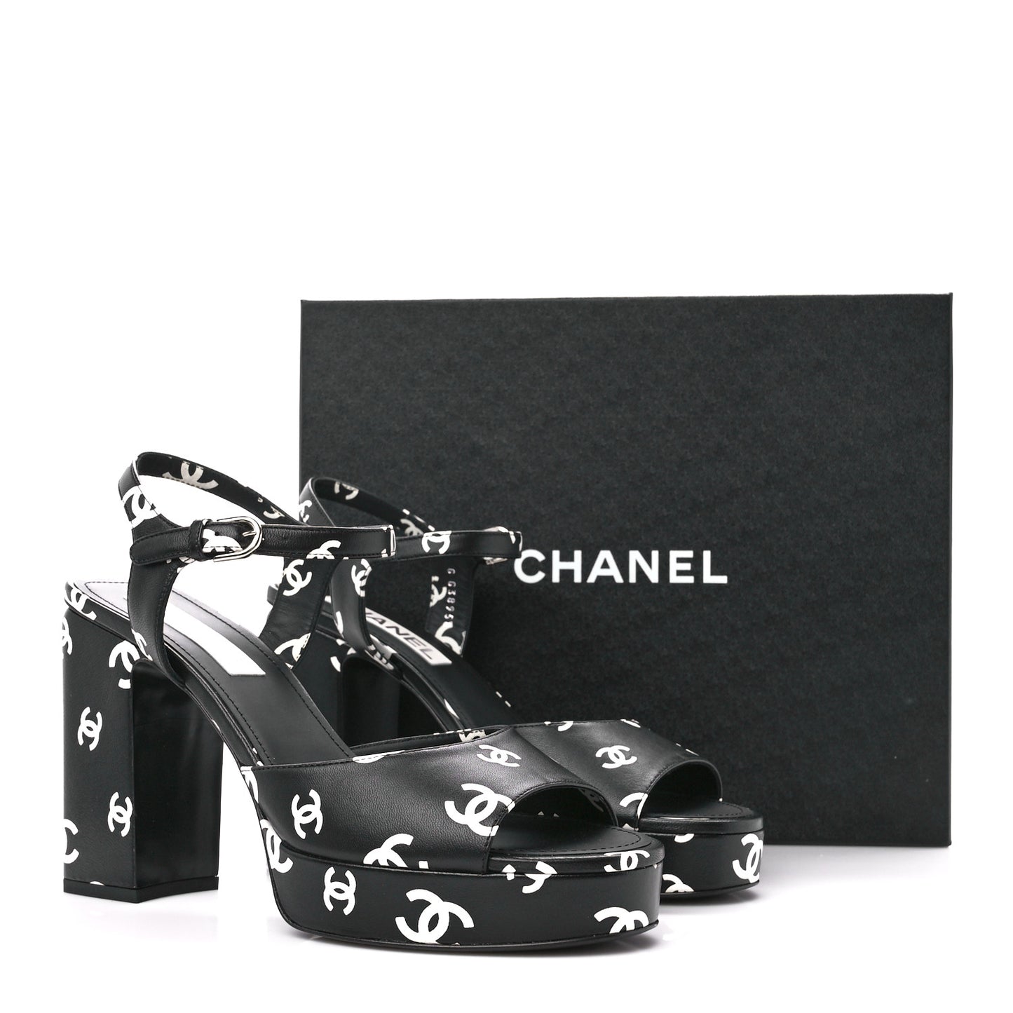 Printed Lambskin CC Platform Sandals 41 Black White