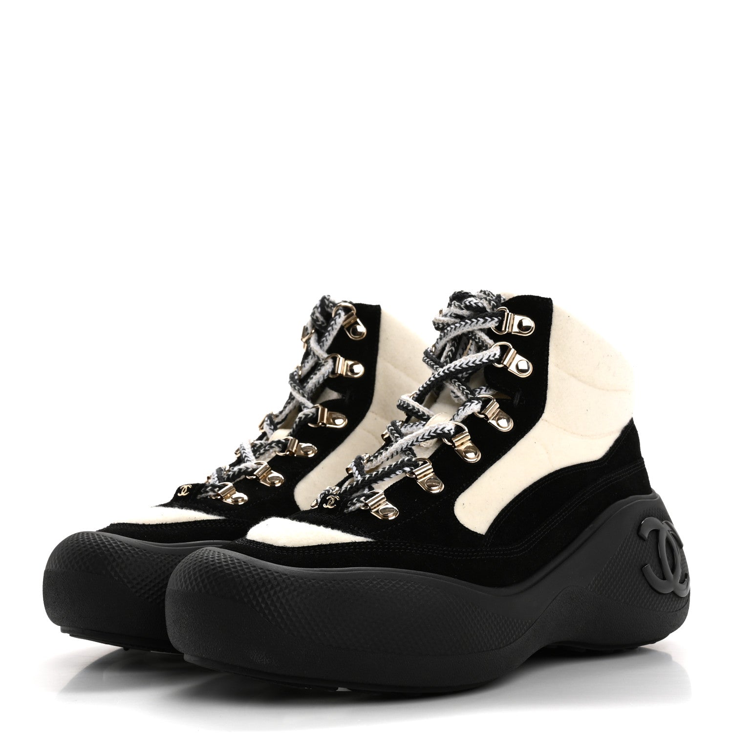 Chanel Wool Suede Calfskin Nylon CC Lace Up Ankle Snow Boots 39.5