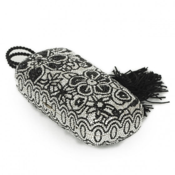 Judith Leiber Crystal Floral Minaudiere Tassel Clutch Black White 5 of 12