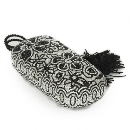 Judith Leiber Crystal Floral Minaudiere Tassel Clutch Black White 5 of 12