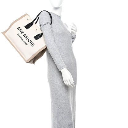 Saint Laurent Linen Calfskin Small Rive Gauche Tote Greggio Natural 2 of 11
