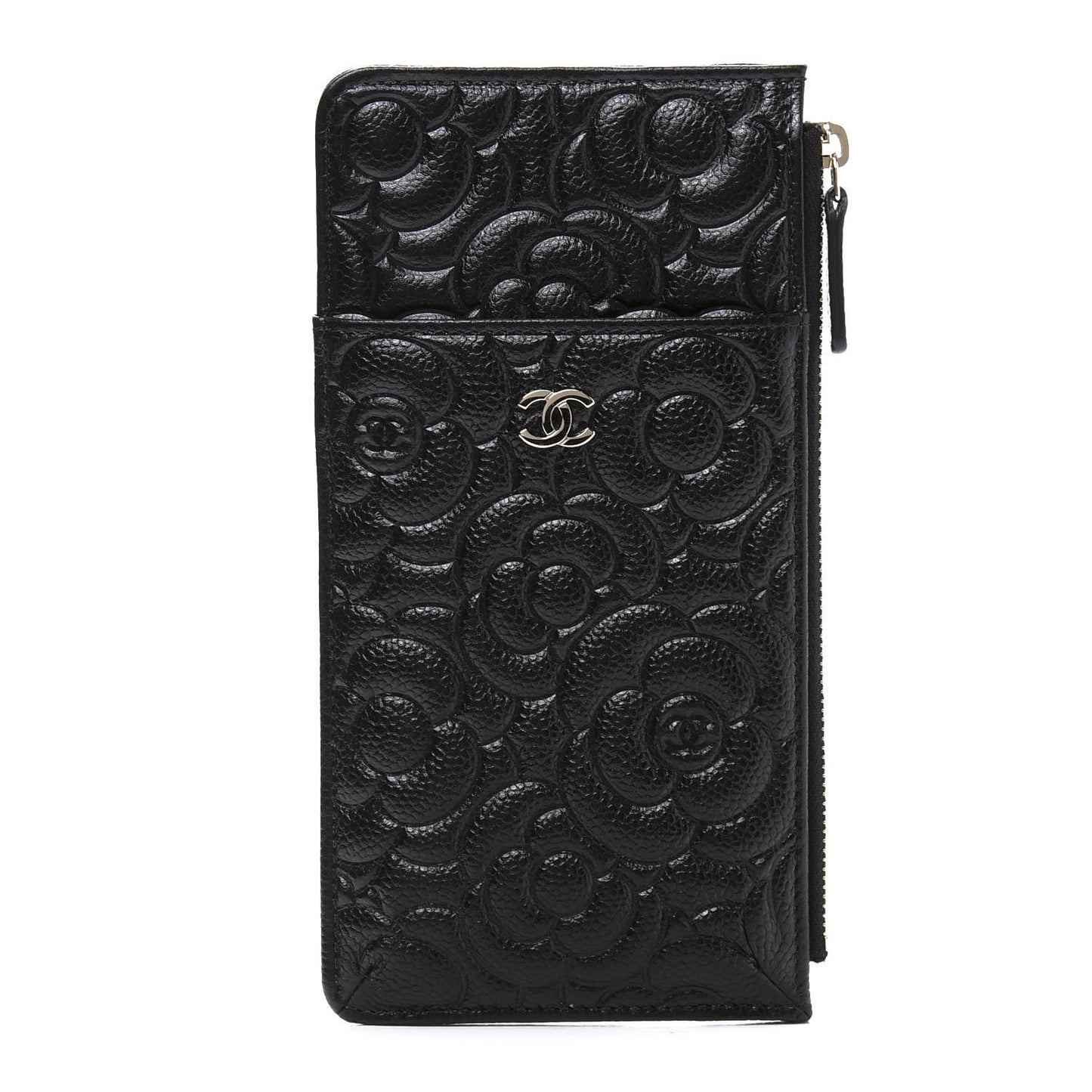 Caviar Camellia Embossed Classic Flat Wallet Pouch Black