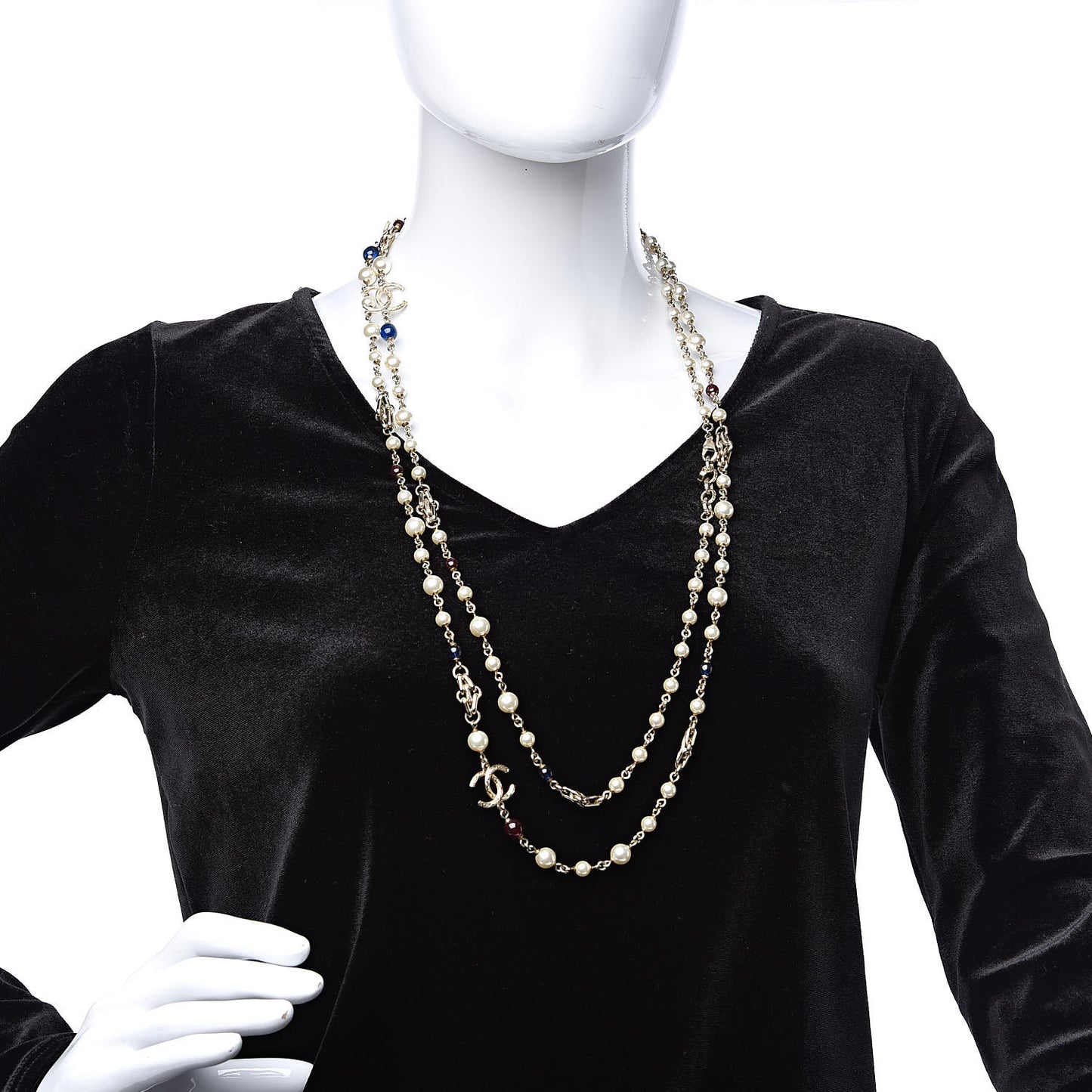 Pearl Resin Bead CC Long Necklace Gold Red Blue