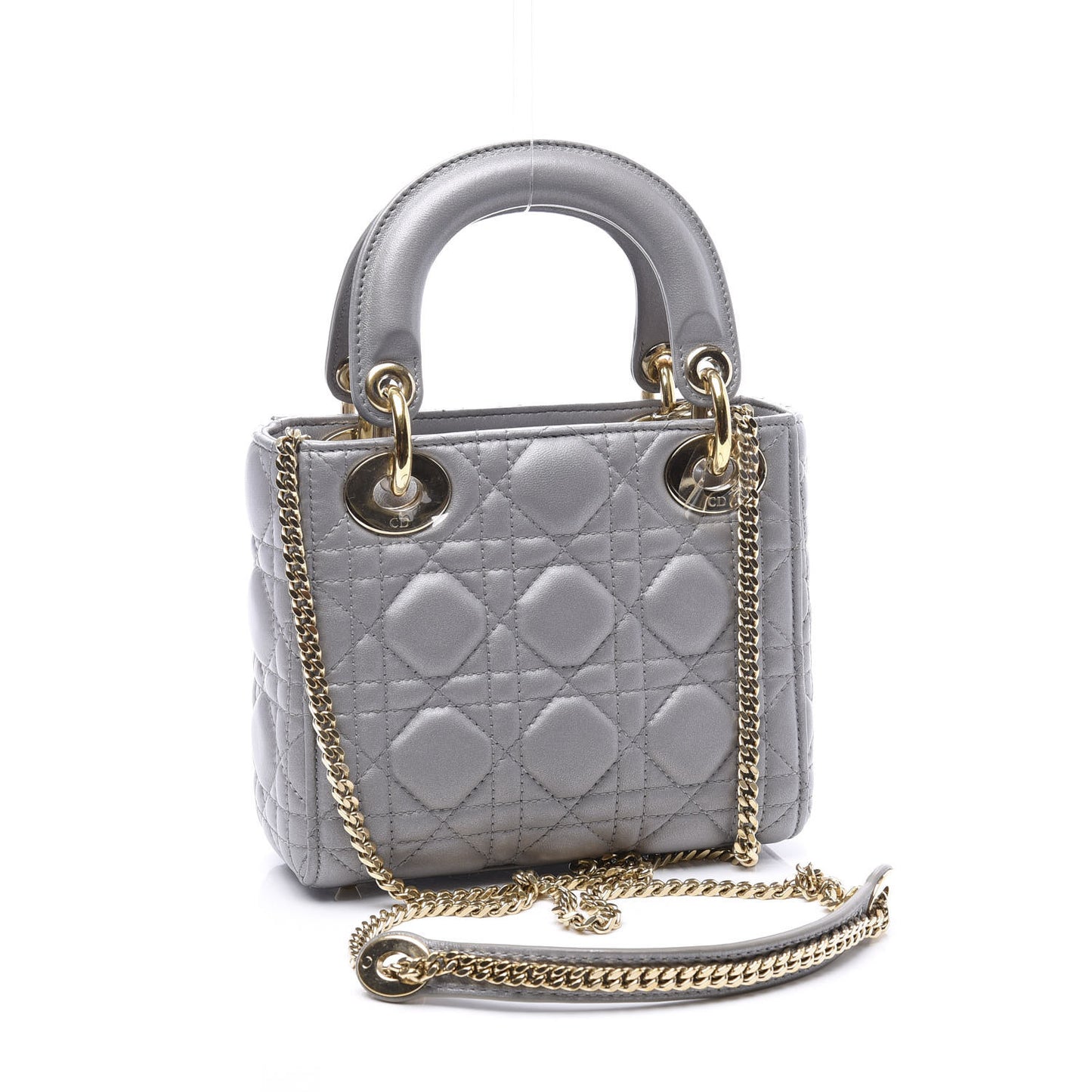 Metallic Lambskin Cannage Mini Lady Dior Grey
