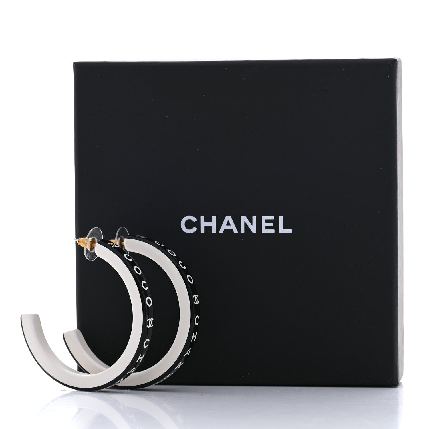 Chanel Resin Logo Hoop Earrings Black White 5 of 5