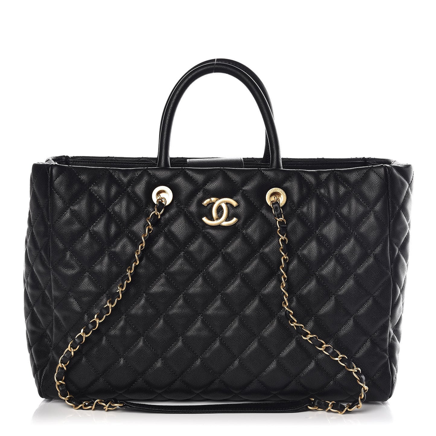 Caviar Quilted Large Coco Handle Shopping Tote Black