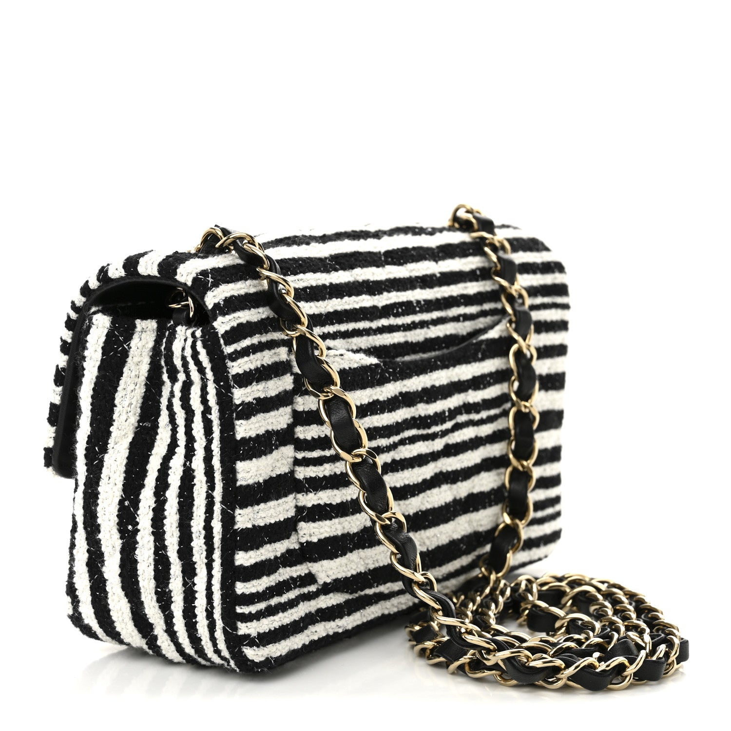 Chanel Striped Tweed Sequin Quilted Camellia Embellished Mini Rectangular Flap Ecru Black 3 of 11