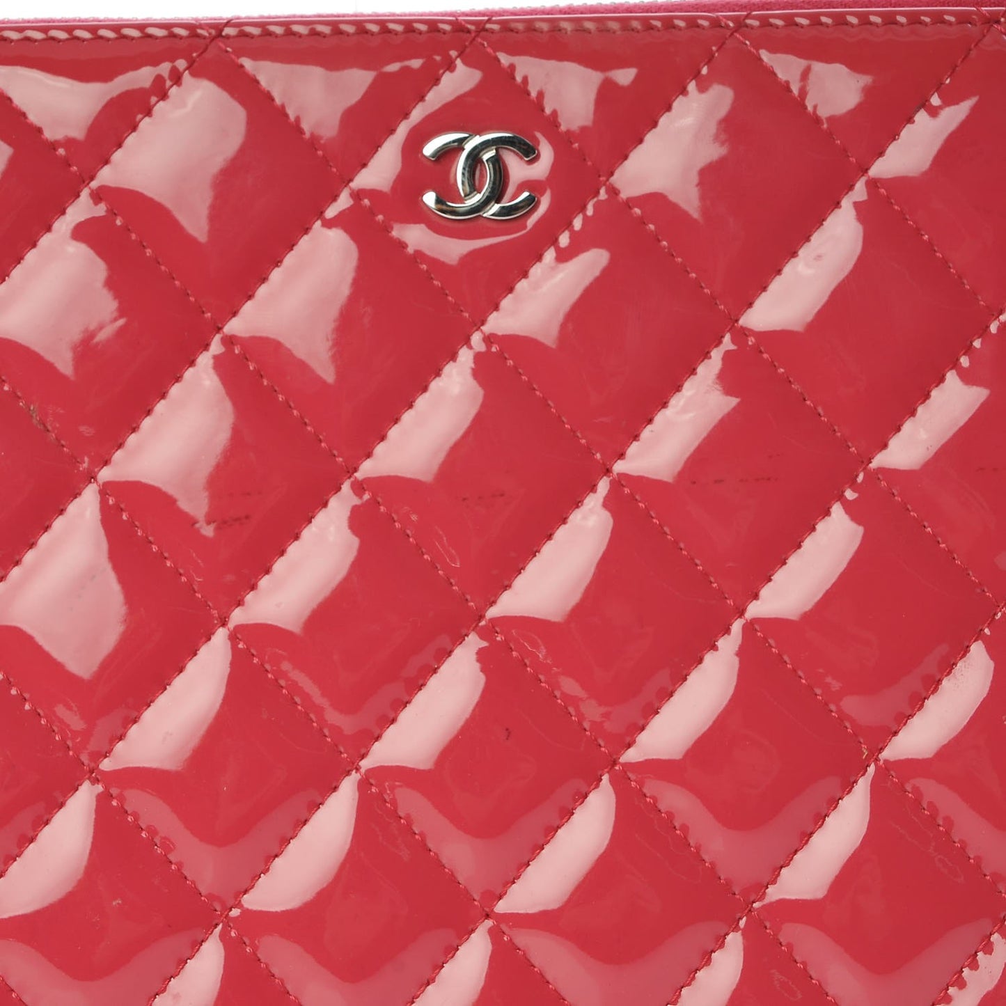 Patent Calfskin Quilted Valentine Hearts Medium O Cosmetic Case Dark Pink
