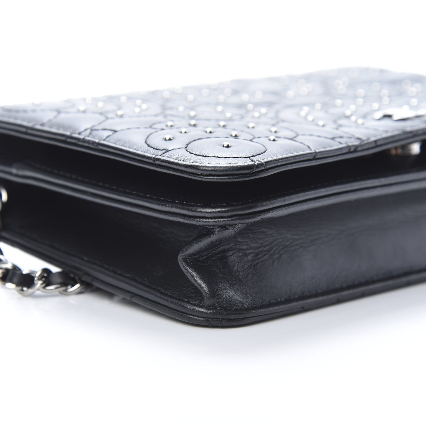 Lambskin Camellia Studded Wallet on Chain WOC Black