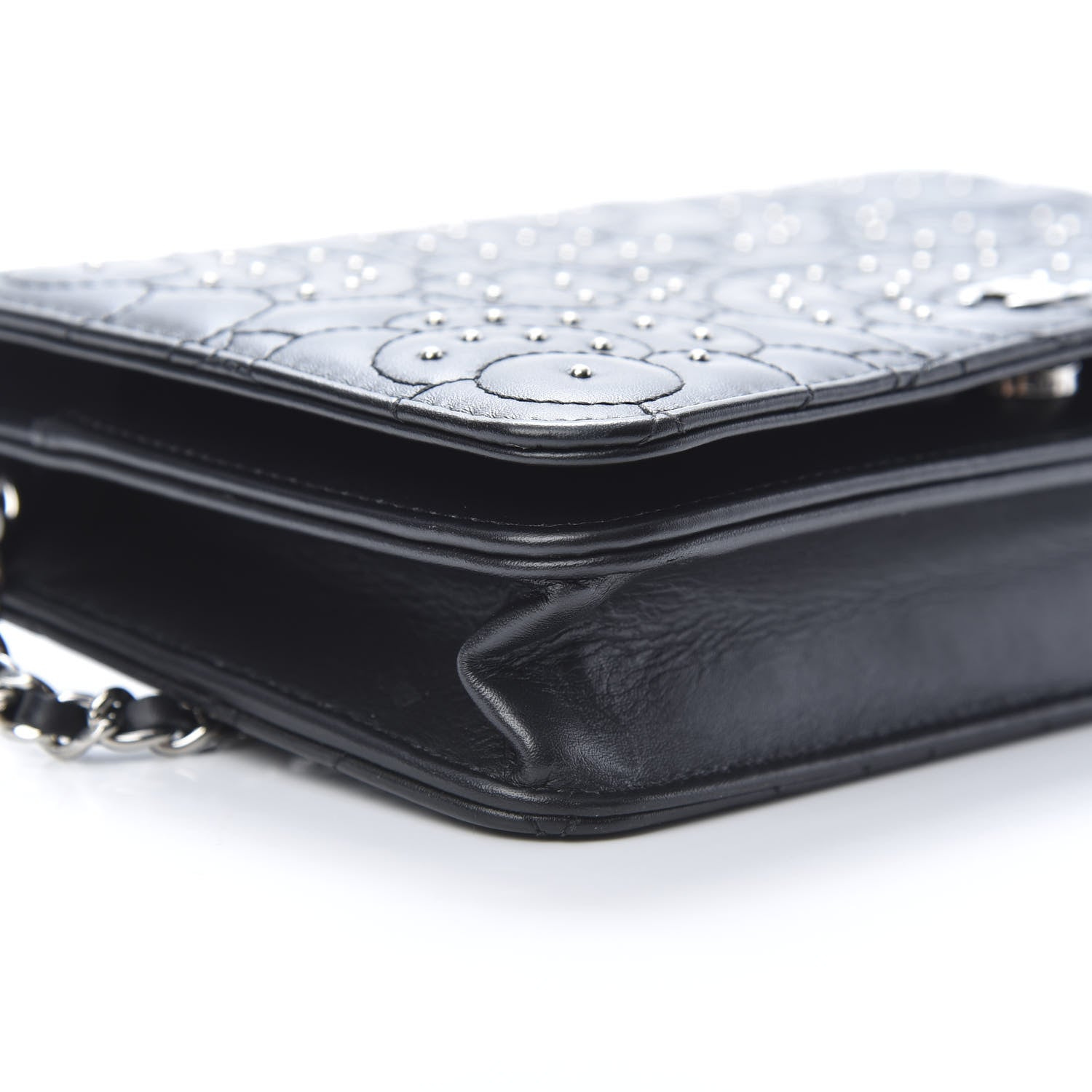 Chanel Lambskin Camellia Studded Wallet on Chain WOC Black 11 of 15