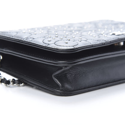 Chanel Lambskin Camellia Studded Wallet on Chain WOC Black 11 of 15
