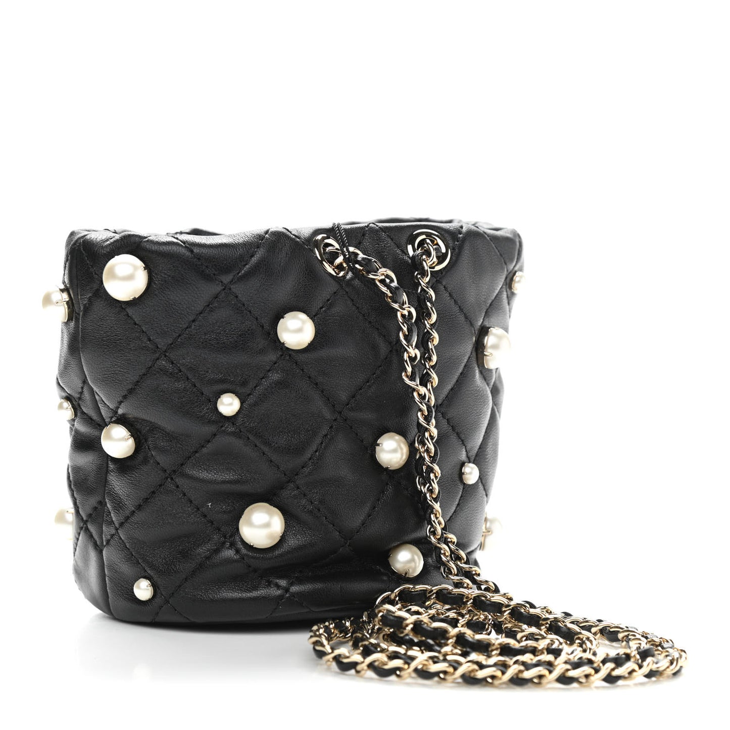 Lambskin Quilted Pearl Mini About Pearls Drawstring Bag Black