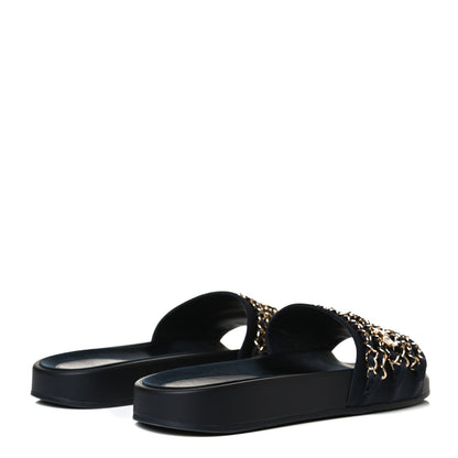 Chanel Satin Canvas Chain Slides Sandals Flats 40 Marine 4 of 13