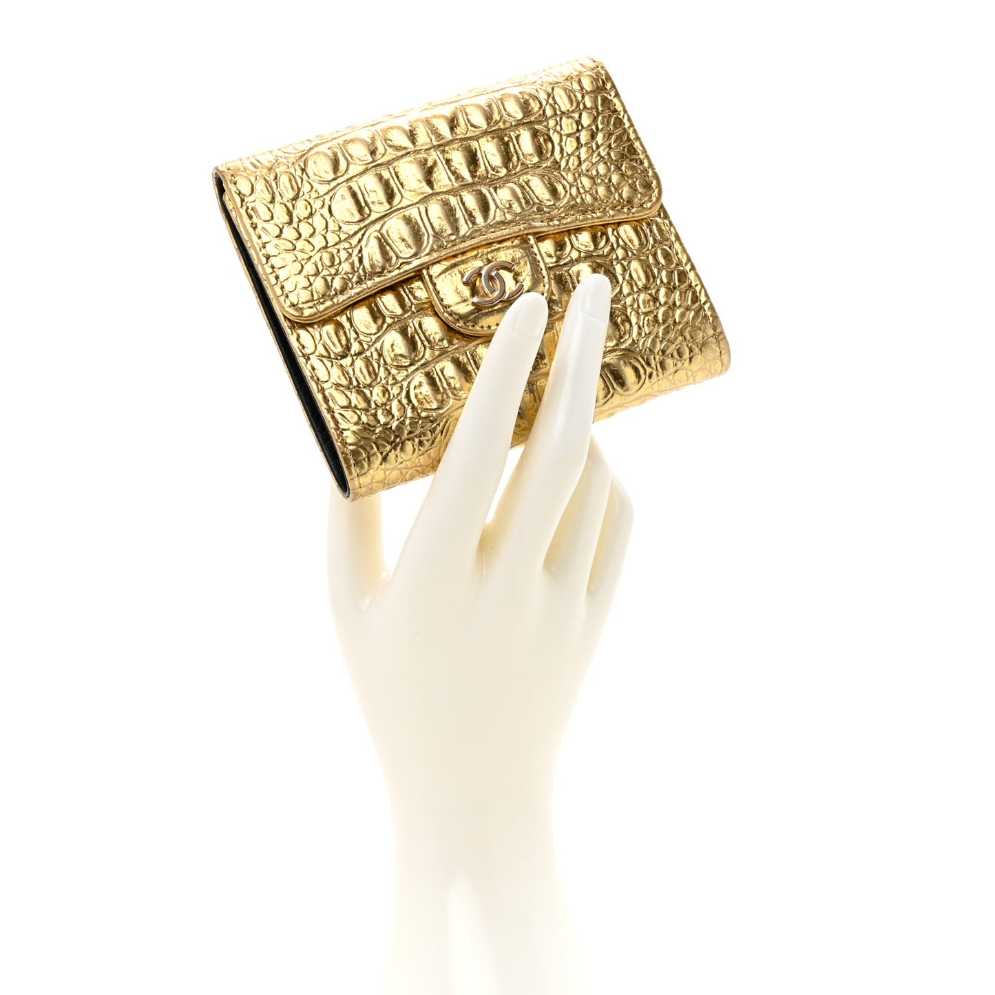 Metallic Calfskin Crocodile Embossed Cocodile Compact Flap Wallet Gold