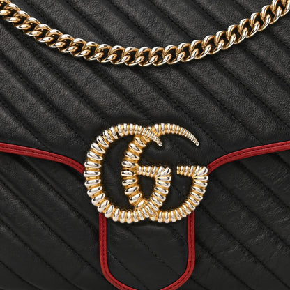 Gucci Vintage Effect Calfskin Matelasse Diagonal Large Torchon GG Marmont Shoulder Bag Black Romantic Cherry 9 of 12