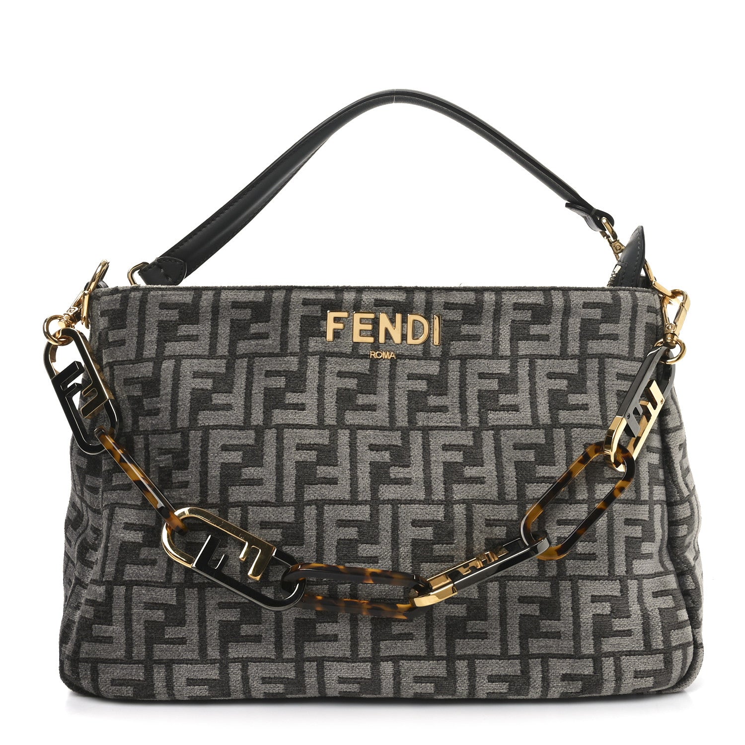 Fendi Chenille Vitello Seta Plexiglass FF Fendi O'Lock Zipper Anthracite Asfalto 1 of 10