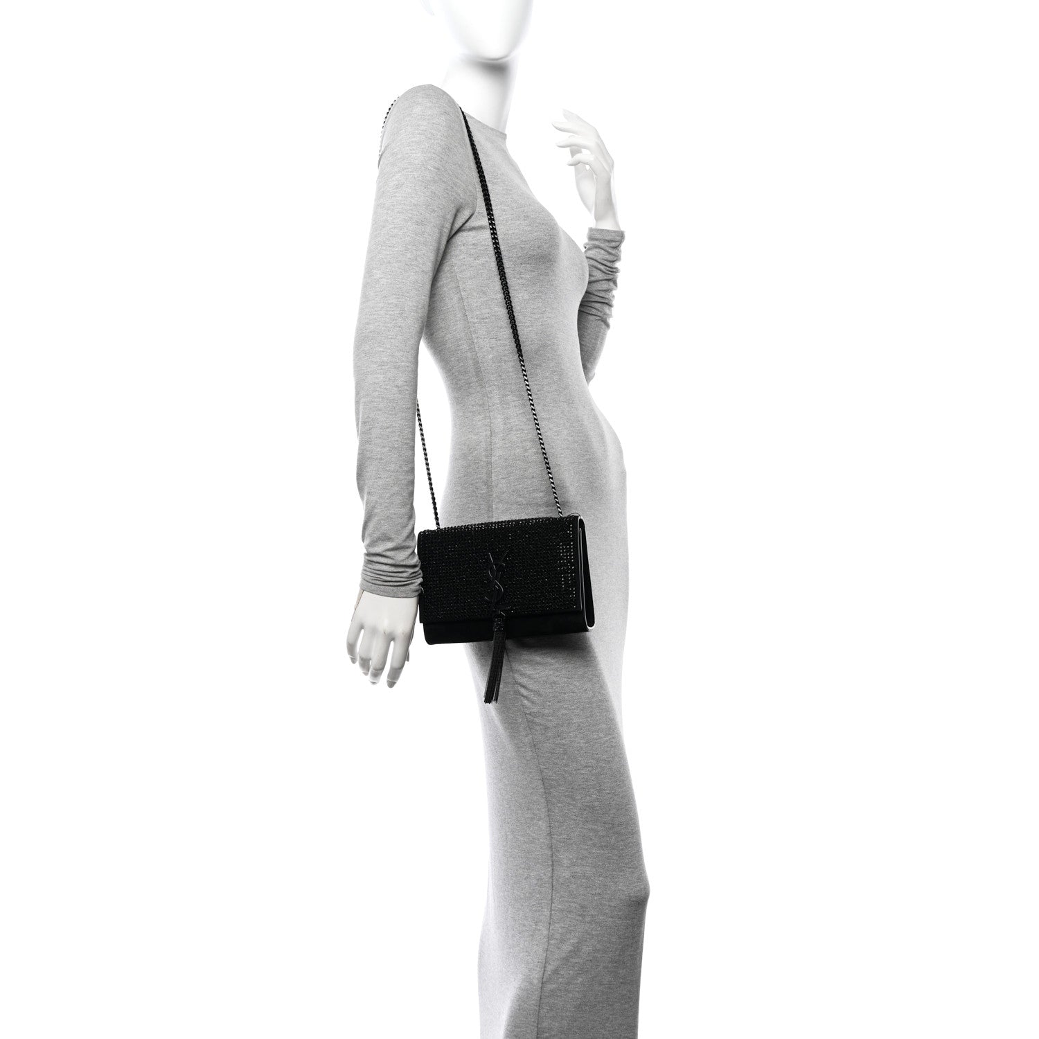 Saint Laurent Calfskin Crystal Studded Small Classic Monogram Kate Tassel Satchel Black 2 of 10