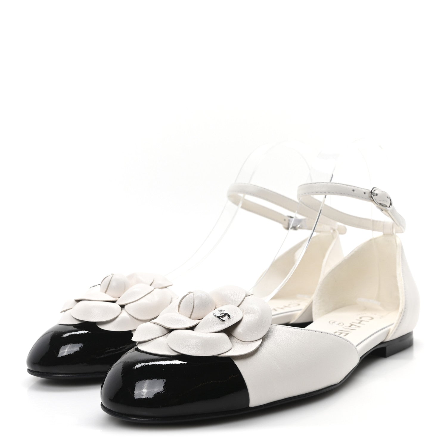 Chanel Lambskin Patent Calfskin Cap Toe Camellia Mary Jane Flats 37.5 White Black 4 of 10