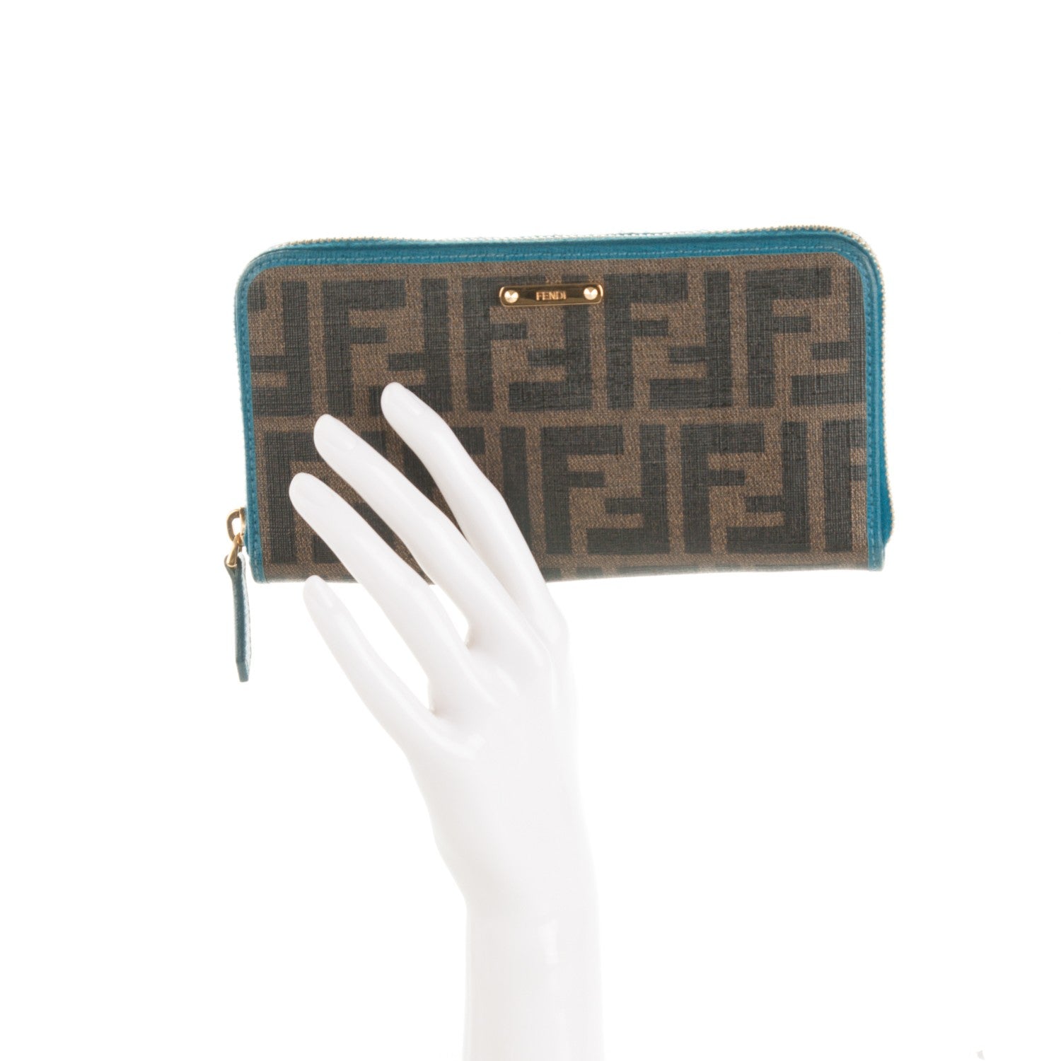 Fendi Zucca Spalmati Vitello Elite Zip Around Wallet Tobacco Turchese 2 of 7