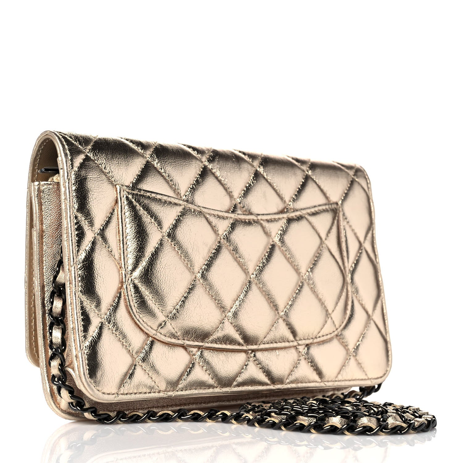 Chanel Metallic Lambskin Quilted Wallet On Chain WOC Gold Black 2 of 9