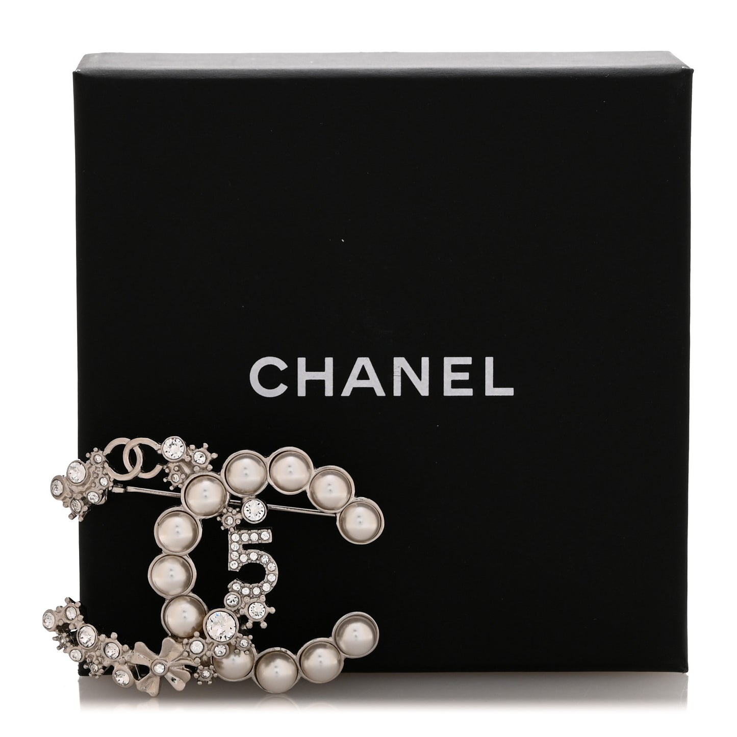 Crystal Pearl CC Star Coco Flapper Brooch Silver