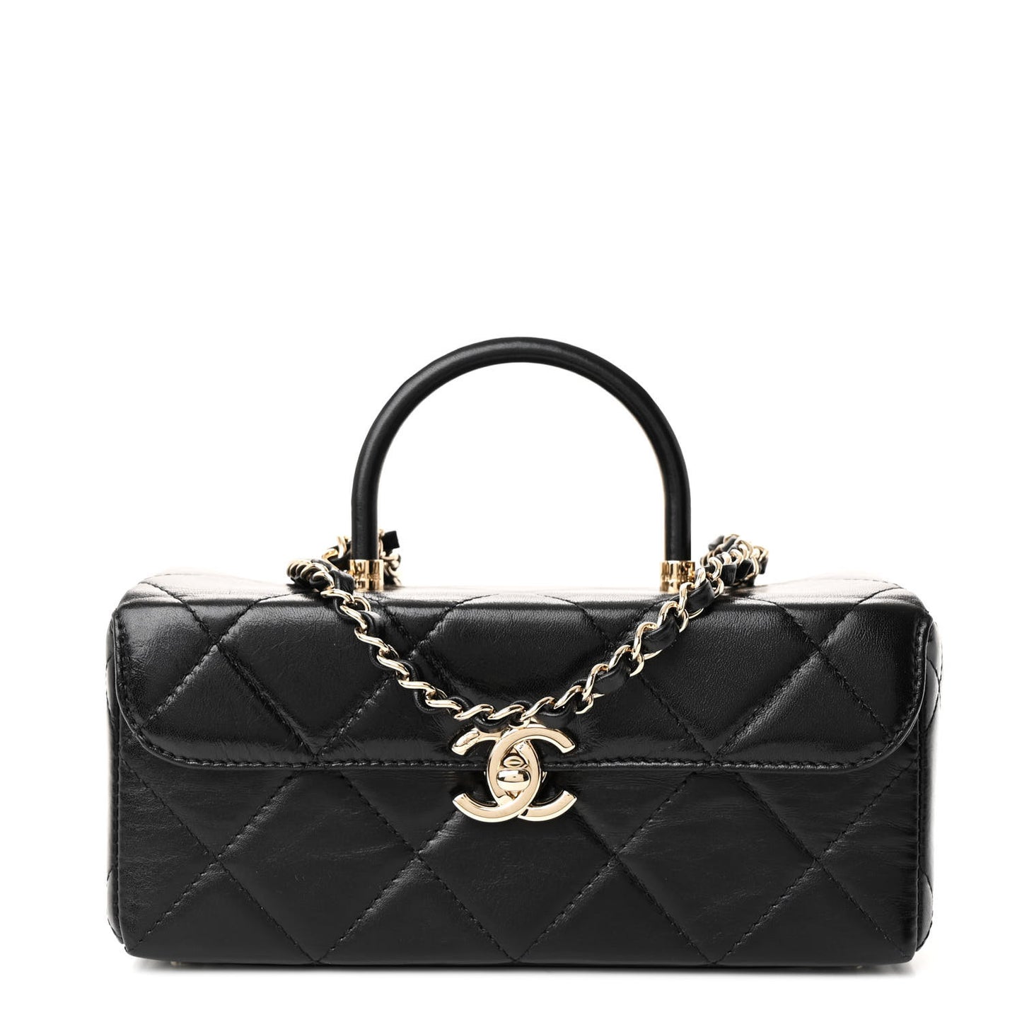 Shiny Calfskin Quilted Top Handle Box Bag Black